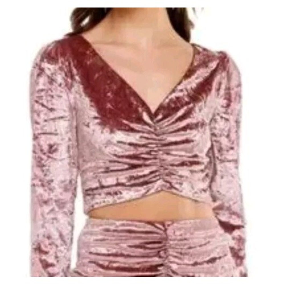 WAYF Velvet Puff-Sleeve Blouse‎ Size Small Mauve Ruched V Neck Cropped Top NWT